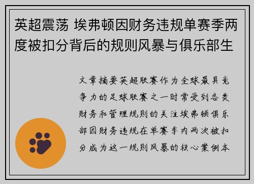 英超震荡 埃弗顿因财务违规单赛季两度被扣分背后的规则风暴与俱乐部生存考验