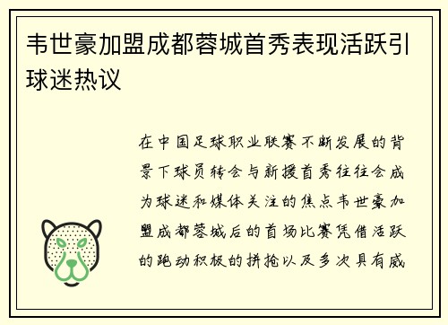 韦世豪加盟成都蓉城首秀表现活跃引球迷热议
